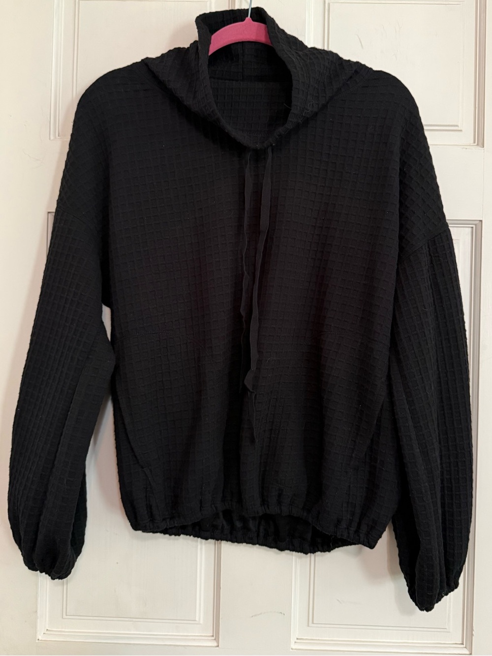 Max Studio Black Waffle-Knit Cowl Hoodie Top
